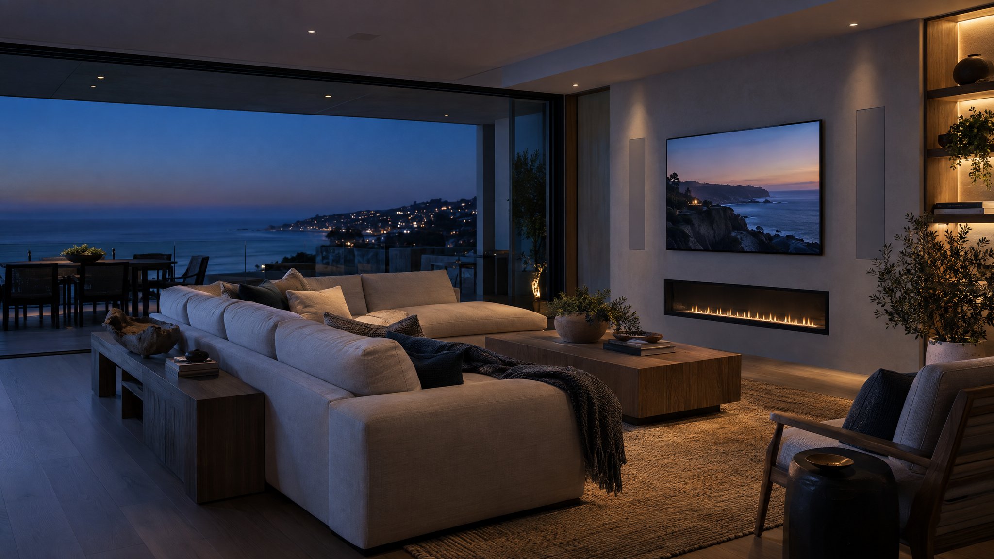 Contemporary connected home living room with integrated entertainment technology
